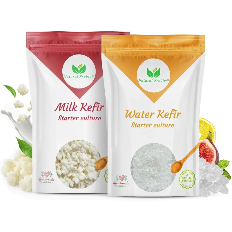 Kefirduo med vattenkefirkorn och mjölkkefirkorn